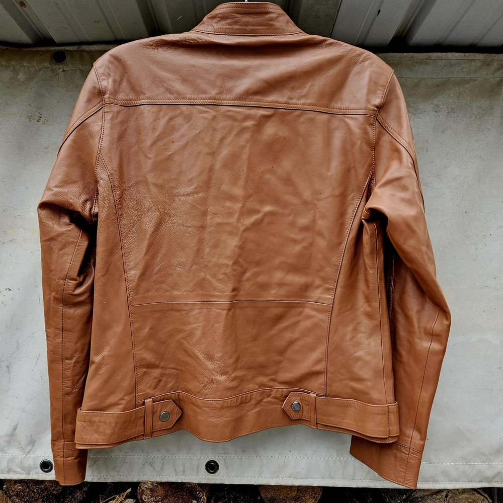Classic Tan Cognac Supple LAMBSKIN Leather Biker Jacket MOTO size XXL Unisex - Picture 4 of 8